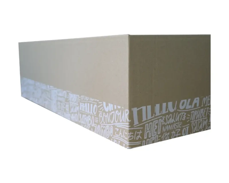 Szary karton klapowy o wymiarach 640x380x190 mm, wykonany z 3-warstwowej tektury (fala B) o gramaturze 410 g/m². Konstrukcja F201 zapewnia łatwe składanie. Biały nadruk na szaro-szarej tekturze podkreśla estetykę opakowania.