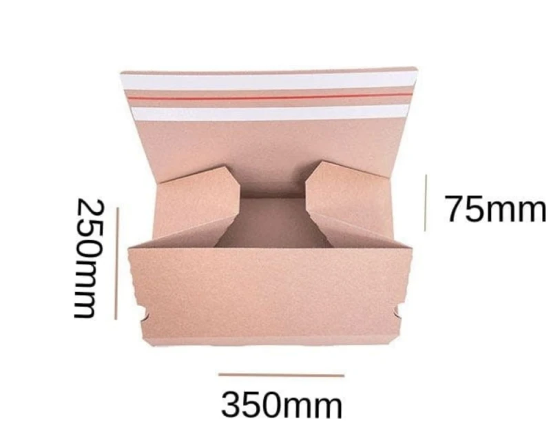Karton o wymiarach 350x250x75mm wykonany z 3-warstwowej szarej tektury. Opakowanie posiada automatyczne dno oraz dwa paski klejowe i zrywkę.