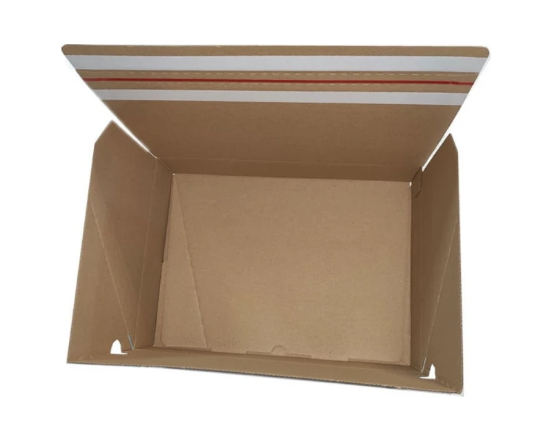 Karton o wymiarach 350x250x75mm wykonany z 3-warstwowej szarej tektury. Opakowanie posiada automatyczne dno oraz dwa paski klejowe i zrywkę.