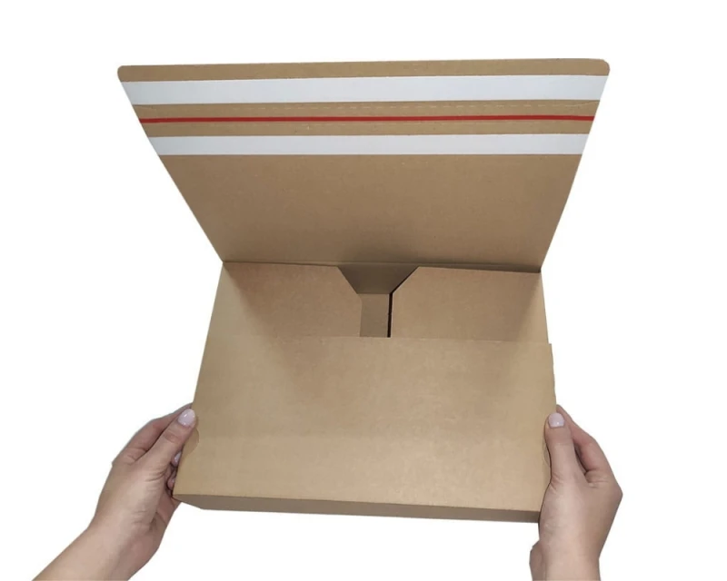 Karton o wymiarach 350x250x75mm wykonany z 3-warstwowej szarej tektury. Opakowanie posiada automatyczne dno oraz dwa paski klejowe i zrywkę.