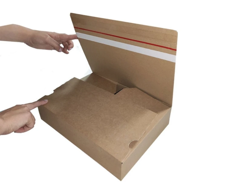 Karton o wymiarach 350x250x75mm wykonany z 3-warstwowej szarej tektury. Opakowanie posiada automatyczne dno oraz dwa paski klejowe i zrywkę.