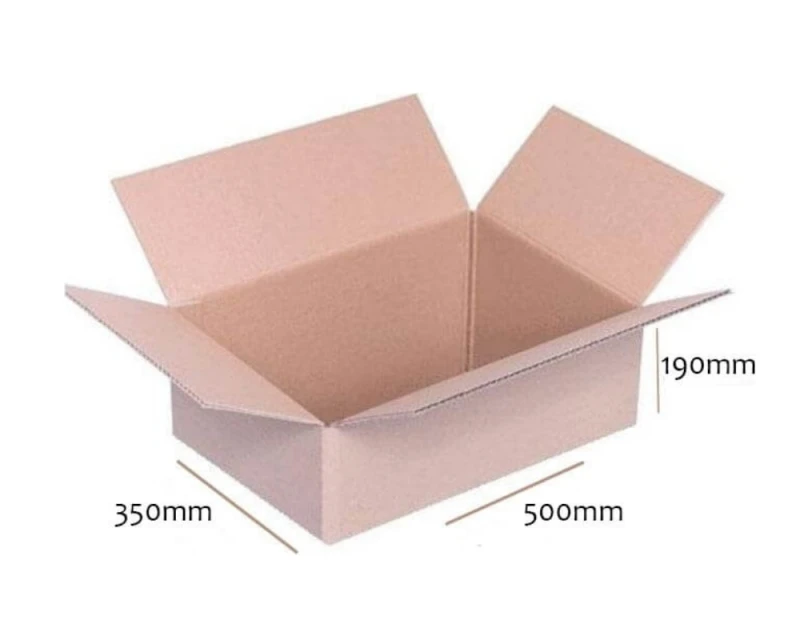 Szary karton klapowy o wymiarach 500x350x190mm. Wykonany z 3-warstwowej tektury falistej (fala B) o gramaturze 410 g/m². Opakowanie posiada klasyczna konstrukcję F201