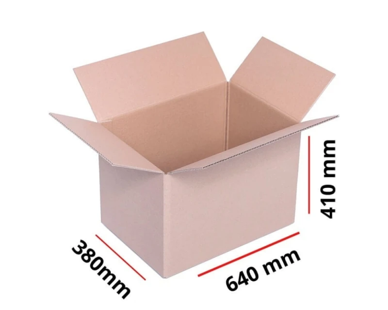 Przestronny karton klapowy o wymiarach 640x380x410 mm, wykonany z 3-warstwowej tektury (fala B) o gramaturze 410 g/m². Karton ma klasyczny szary kolor i spełnia wymagania gabarytu C paczkomatów InPost.