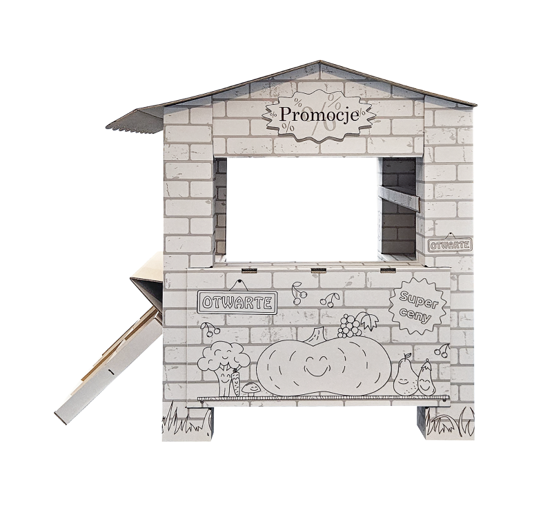 Duży sklep kolorowanka z tektury 5-warstwowej przestronna konstrukcja. Z otwieranymi drzwiami i oknami, ladą i półkami. Zapewnia kreatywną i bezpieczną rozrywkę dla dzieci. Nadrukowane owoce, warzywa.