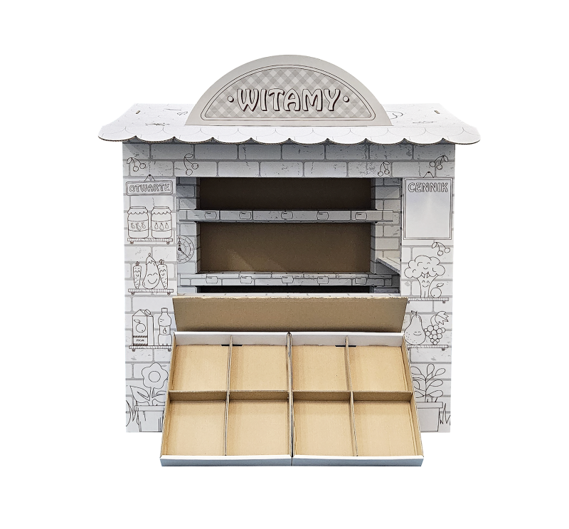 Duży sklep kolorowanka z tektury 5-warstwowej przestronna konstrukcja. Z otwieranymi drzwiami i oknami, ladą i półkami. Zapewnia kreatywną i bezpieczną rozrywkę dla dzieci. Nadrukowane owoce, warzywa.