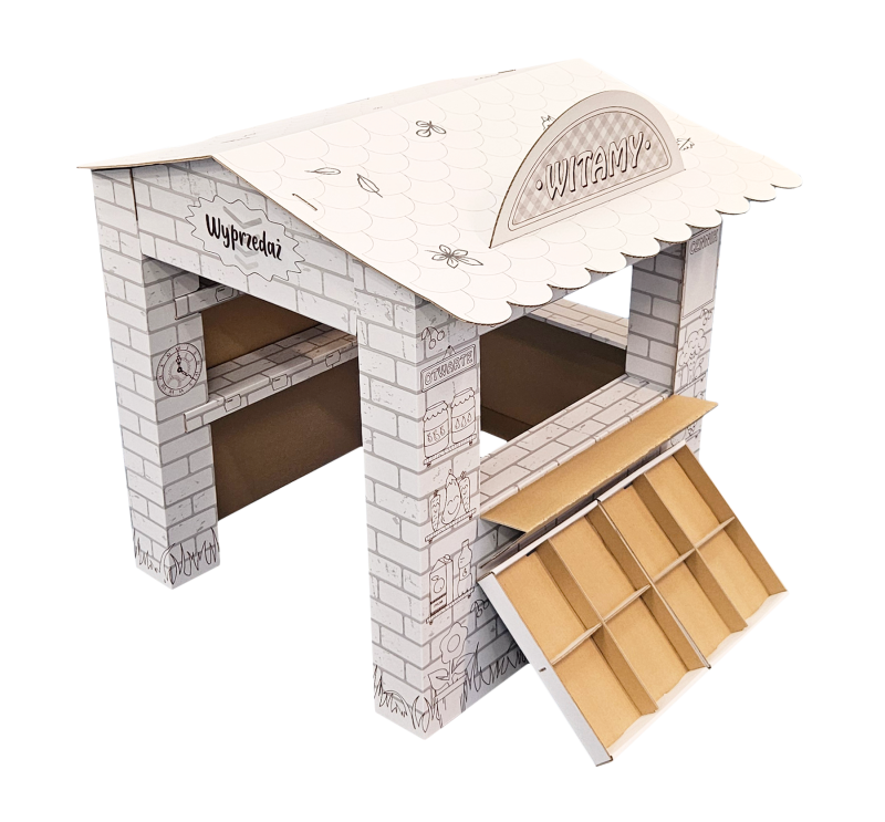 Duży sklep kolorowanka z tektury 5-warstwowej przestronna konstrukcja. Z otwieranymi drzwiami i oknami, ladą i półkami. Zapewnia kreatywną i bezpieczną rozrywkę dla dzieci. Nadrukowane owoce, warzywa.