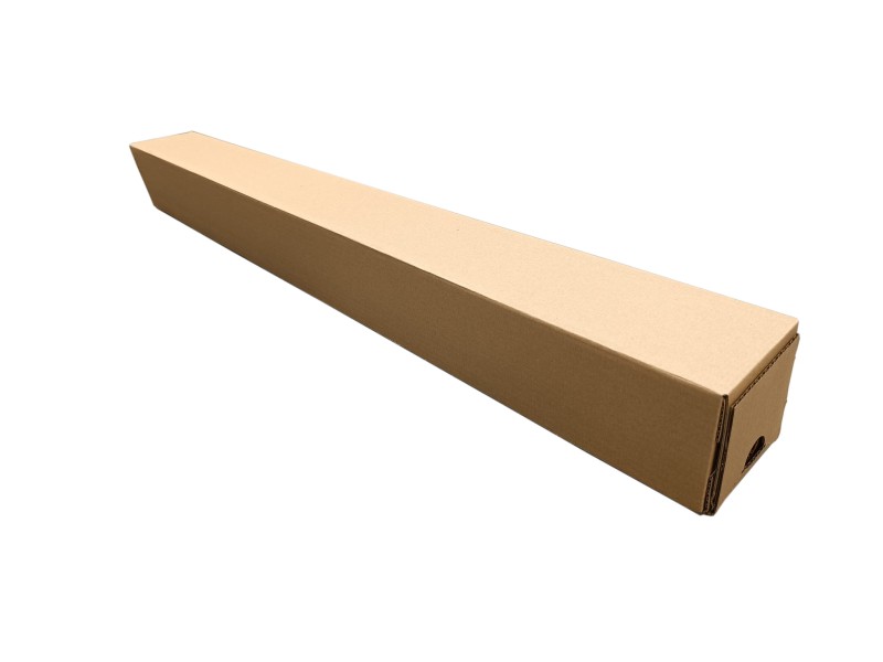 Kwadratowa tuba kartonową o wymiarach 100x100x960 mm, wykonana z szarej tektur, fala B. Wyposażona w dwa paski klejowe i perforację do łatwego otwierania, umożliwia szybkie zamknięcie i wygodne użytkowanie bez dodatkowej taśmy.