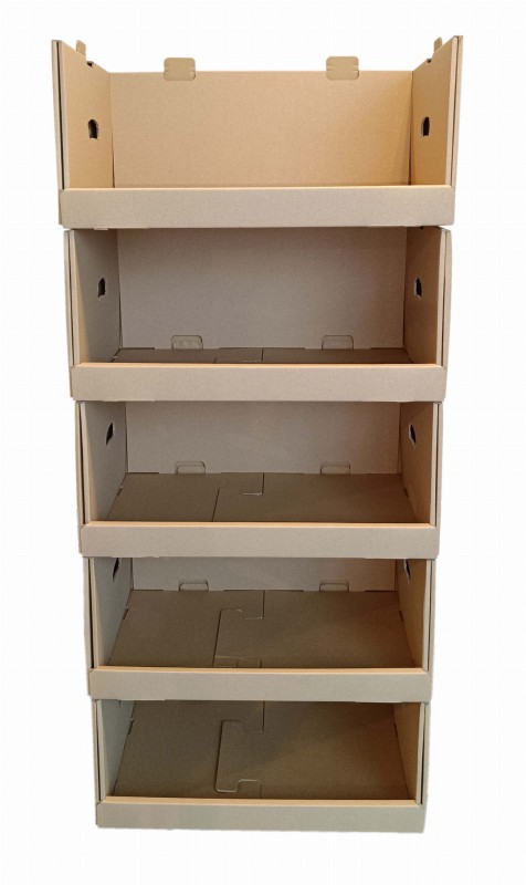 Tekturowy stand modułowy o wymiarach 555x370x318 mm to rozwiązanie do prezentacji produktów w różnych przestrzeniach handlowych i eventowych. Złożony z 5 samodzielnych modułów wykonanych z solidnej tektury EB.