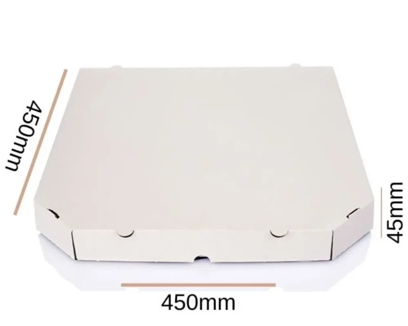Pudełko fasonowe na pizzę o wymiarach 450x450x45 mm, wykonane z 3-warstwowej tektury falistej o gramaturze 400 g/m² (fala B). Pudełko zewnętrznie bielone, wewnątrz szare.