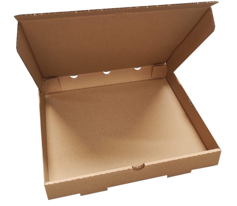 Szare pudełko fasonowe na pizzę o wymiarach 320x320x45 mm, wykonane z trwałej, 3-warstwowej tektury (fala B) o gramaturze 410 g/m². Pudełko jest estetycznie wykończone zarówno na zewnątrz, jak i wewnątrz.