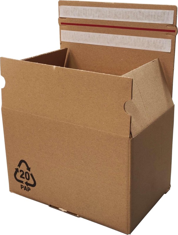 Karton e-commerce o wymiarach 295x197x200mm wykonane z szarej pięciowarstwowej tektury falistej (fala EB, gramatura 686 g/m²). Posiada automatyczne dno, na górnej klapie są dwa paski klejowe i zrywkę. W lewym dolnym rogu jest nadruk symbolu PAP20.