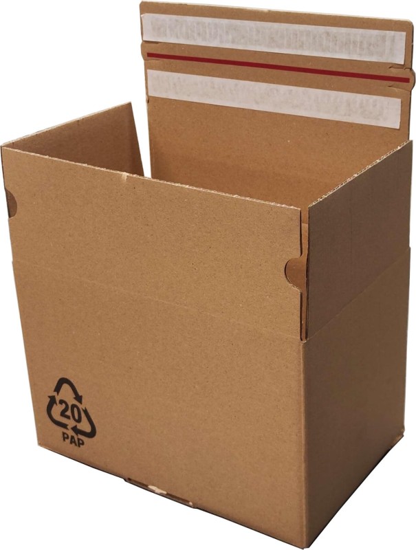 Karton e-commerce o wymiarach 295x197x200mm wykonane z szarej pięciowarstwowej tektury falistej (fala EB, gramatura 686 g/m²). Posiada automatyczne dno, na górnej klapie są dwa paski klejowe i zrywkę. W lewym dolnym rogu jest nadruk symbolu PAP20.