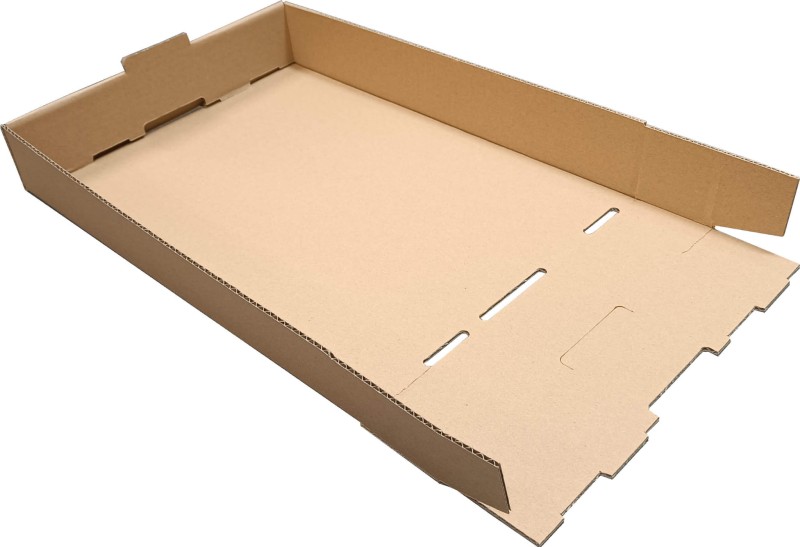 Solidna, 3-warstwowa tacka tekturowa o wymiarach 420x306x65 mm, wykonana z wytrzymałej szaro-szarej tektury (gramatura 395 g/m²). Łatwa do samodzielnego złożenia.