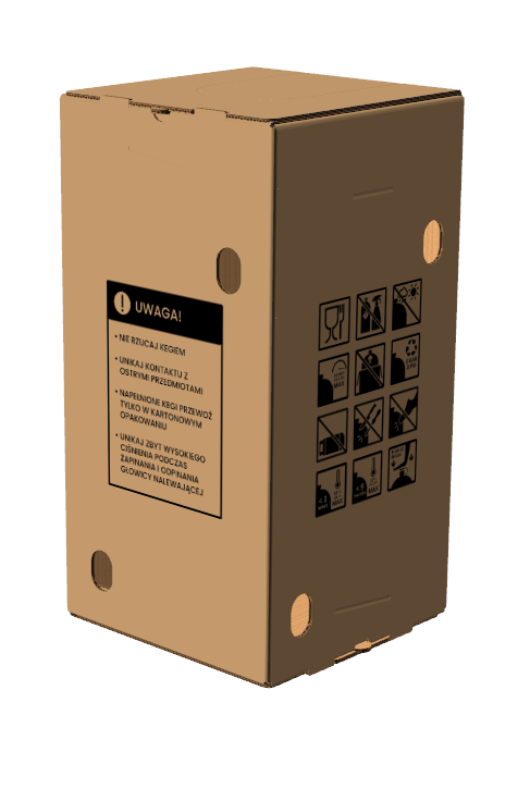 Petainer, Solidny karton o wymiarach 300x300x580 mm, wykonany z wysokiej jakości tektury (fala EB, gramatura 675 g/m²). Karton klapowy w szaro-szarym kolorze z jednokolorowym nadrukiem piktogramów.