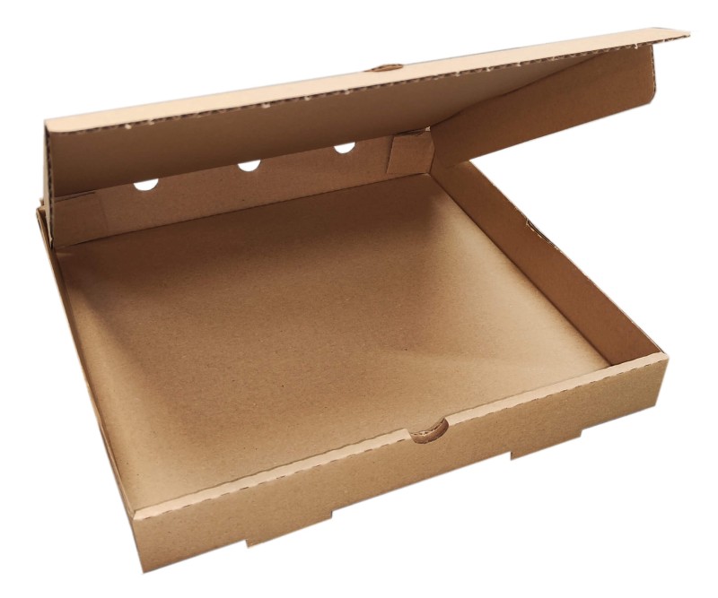 Szare pudełko fasonowe na pizzę o wymiarach 320x320x45 mm, wykonane z trwałej, 3-warstwowej tektury (fala B) o gramaturze 410 g/m². Pudełko jest estetycznie wykończone zarówno na zewnątrz, jak i wewnątrz.