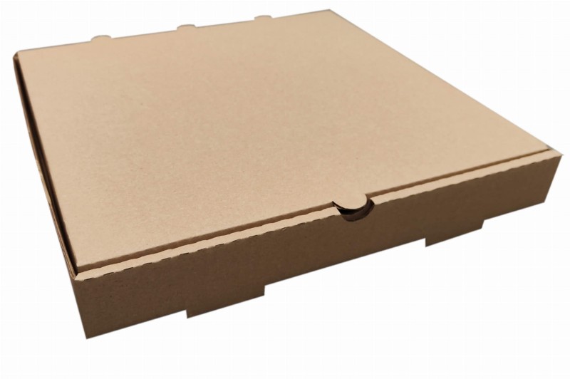 Szare pudełko fasonowe na pizzę o wymiarach 320x320x45 mm, wykonane z trwałej, 3-warstwowej tektury (fala B) o gramaturze 410 g/m². Pudełko jest estetycznie wykończone zarówno na zewnątrz, jak i wewnątrz.