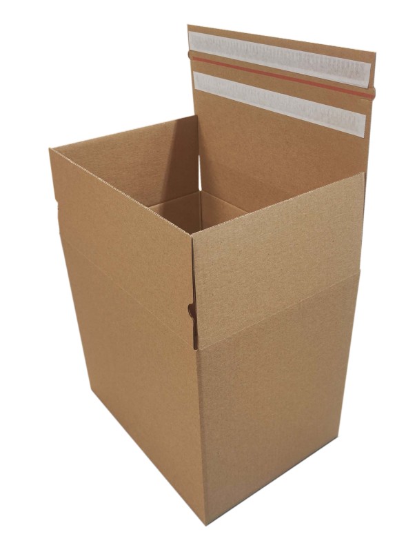 Karton z automatycznym dnem i paskami klejowymi 350x260x300 mm, szary, fasonowy FEFCO 701M – idealny do paczkomatów i sklepów internetowych.