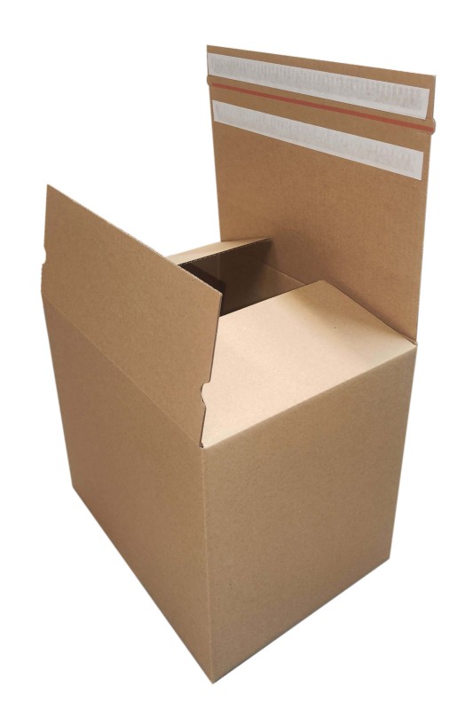 Karton z automatycznym dnem i paskami klejowymi 350x260x300 mm, szary, fasonowy FEFCO 701M – idealny do paczkomatów i sklepów internetowych.