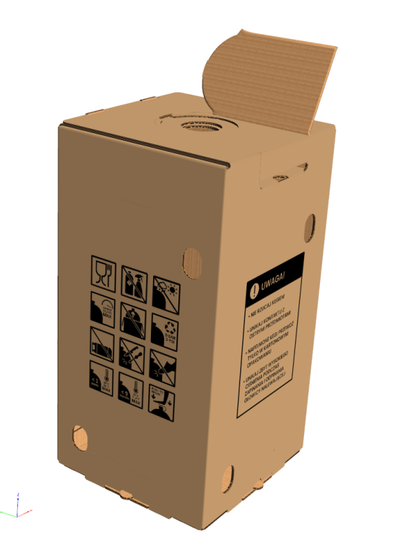 Petainer, Solidny karton o wymiarach 300x300x580 mm, wykonany z wysokiej jakości tektury (fala EB, gramatura 675 g/m²). Karton klapowy w szaro-szarym kolorze z jednokolorowym nadrukiem piktogramów.