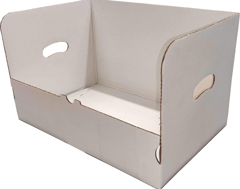 Karton fasonowy ekspozycyjny o wymiarach 440x295x263 mm. Wykonany z bielonej, 5-warstwowej tektury falistej (fala EB). Karton ma automatyczne dno. Opakowanie biało-białe, zewnętrznie powlekane.