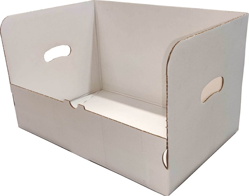 Karton fasonowy ekspozycyjny o wymiarach 440x295x263 mm. Wykonany z bielonej, 5-warstwowej tektury falistej (fala EB). Karton ma automatyczne dno. Opakowanie biało-białe, zewnętrznie powlekane.