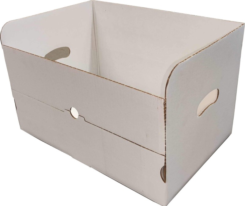 Karton fasonowy ekspozycyjny o wymiarach 440x295x263 mm. Wykonany z bielonej, 5-warstwowej tektury falistej (fala EB). Karton ma automatyczne dno. Opakowanie biało-białe, zewnętrznie powlekane.