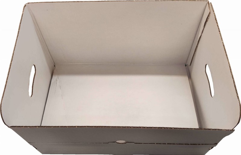 Karton fasonowy ekspozycyjny o wymiarach 440x295x263 mm. Wykonany z bielonej, 5-warstwowej tektury falistej (fala EB). Karton ma automatyczne dno. Opakowanie biało-białe, zewnętrznie powlekane.