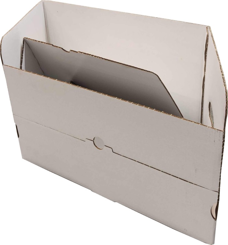 Karton fasonowy ekspozycyjny o wymiarach 440x295x263 mm. Wykonany z bielonej, 5-warstwowej tektury falistej (fala EB). Karton ma automatyczne dno. Opakowanie biało-białe, zewnętrznie powlekane.