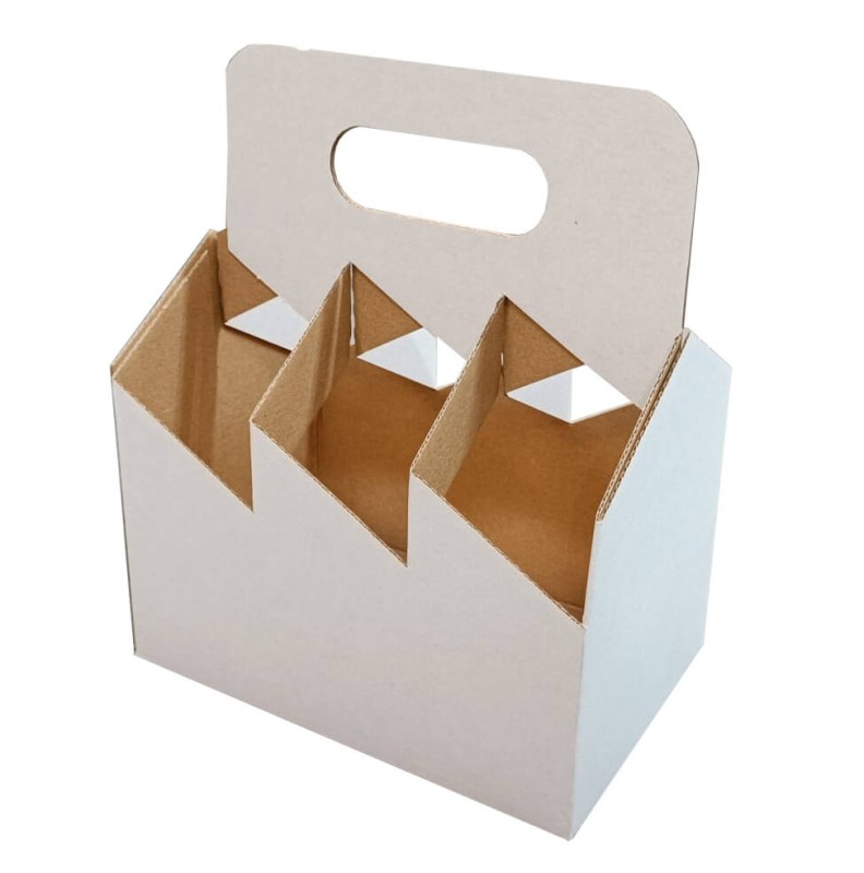 Nosidełko kartonowe na 6 butelek, wykonane z wytrzymałej tektury falistej, idealne do transportu i sprzedaży piwa lub innych napojów butelkowanych. Elegancka, funkcjonalna konstrukcja z ergonomicznym uchwytem.