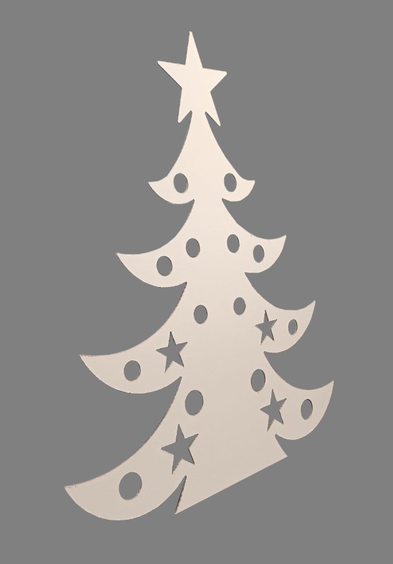 Zdjęcie przedstawia dużą tekturową choinkę w klasycznym kształcie, wykonaną z bielonej tektury falistej B, jednostronnie powlekanej. Lekka i sztywna, idealna do zawieszenia w oknie lub dekoracji świątecznej wnętrza.