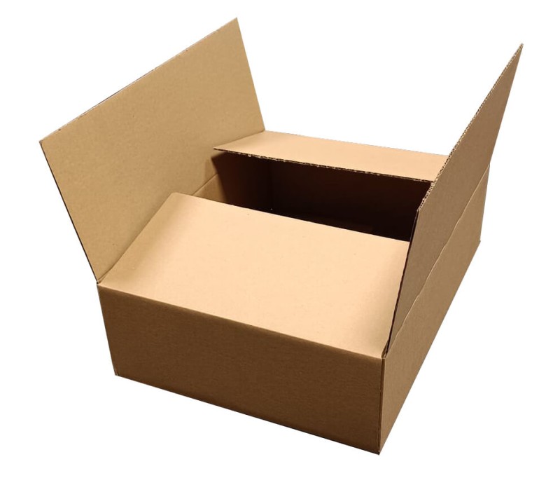 Karton z automatycznym dnem 390x295x125 mm w kolorze szarym, wykonany z trwałej 3-warstwowej tektury. Na zdjęciu widoczne jest solidne, estetyczne pudełko o prostokątnym kształcie, przygotowane do szybkiego składania i pakowania.