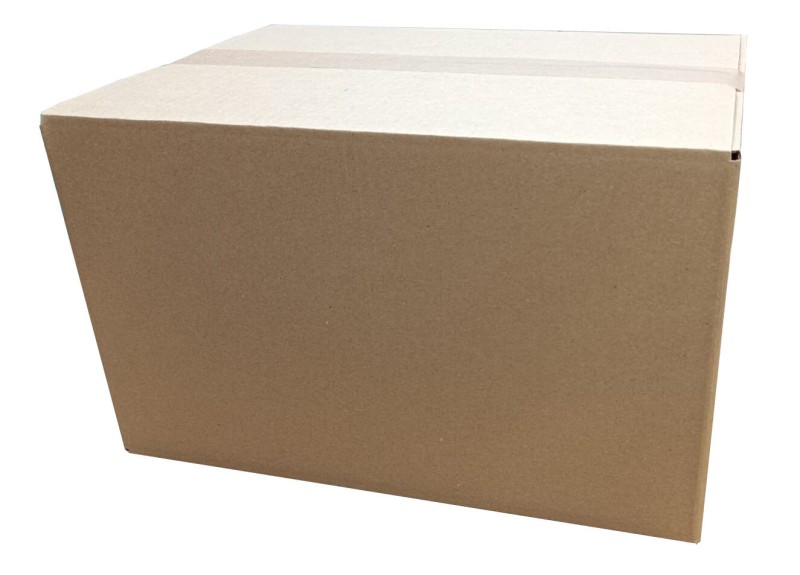 Szary karton klapowy wykonany z 3-warstwowej tektury o fali B. Karton ma klasyczną konstrukcję FEFCO 201 z czterema klapami, które zapewniają łatwe i szybkie zamknięcie. Jego proporcje wskazują na dużą pojemność.