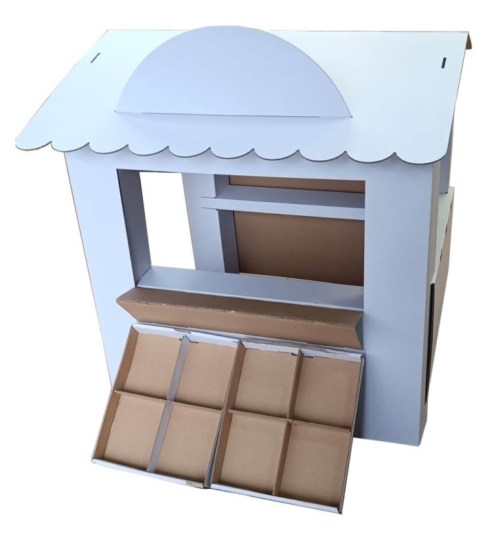 Duży sklep kolorowanka z tektury 5-warstwowej przestronna konstrukcja. Z otwieranymi drzwiami i oknami, ladą i półkami. Zapewnia kreatywną i bezpieczną rozrywkę dla dzieci. Produkt bez nadruku