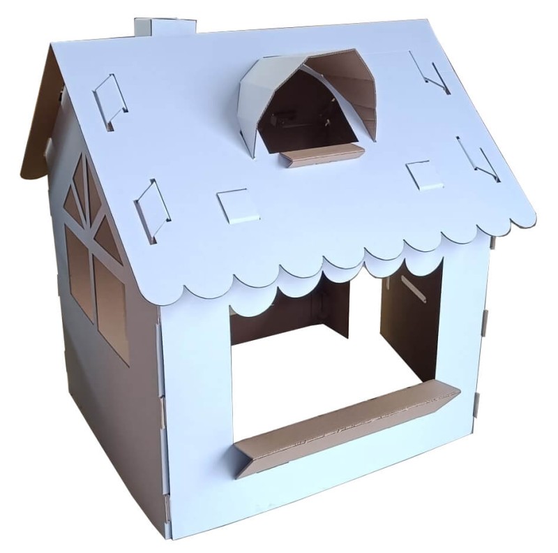Duży domek kolorowanka z tektury 5-warstwowej przestronna konstrukcja. Z otwieranymi drzwiami i oknami, kominem i daszkiem na dachu. Zapewnia kreatywną i bezpieczną rozrywkę dla dzieci. Bez nadruku