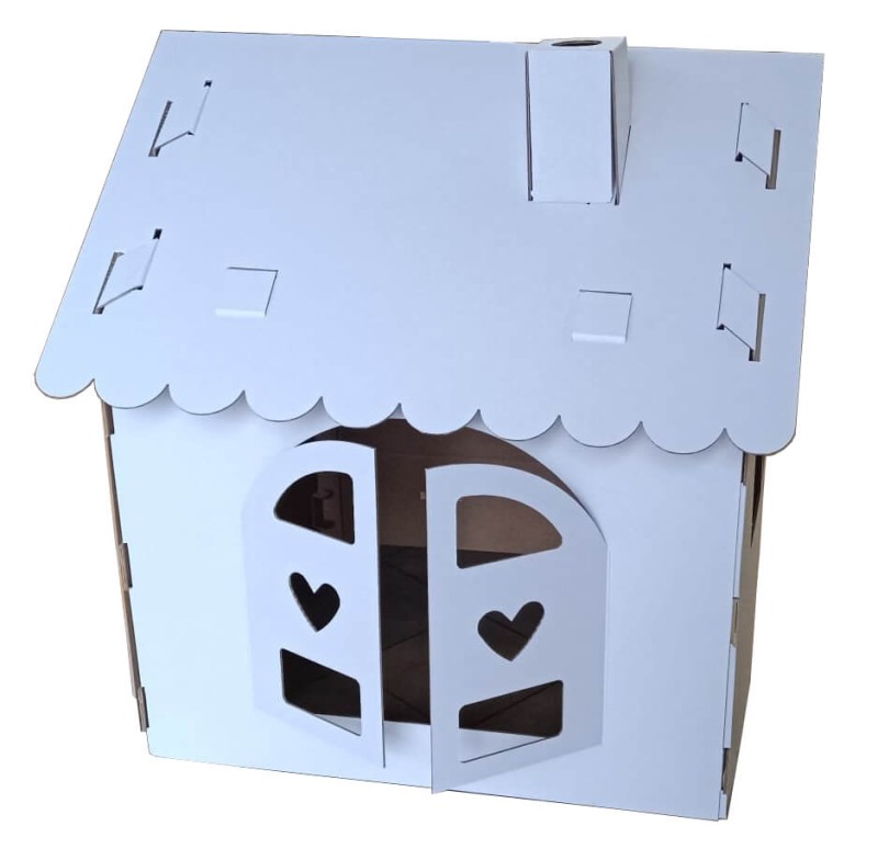 Duży domek kolorowanka z tektury 5-warstwowej przestronna konstrukcja. Z otwieranymi drzwiami i oknami, kominem i daszkiem na dachu. Zapewnia kreatywną i bezpieczną rozrywkę dla dzieci. Bez nadruku