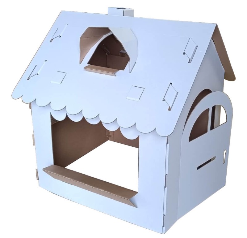 Duży domek kolorowanka z tektury 5-warstwowej przestronna konstrukcja. Z otwieranymi drzwiami i oknami, kominem i daszkiem na dachu. Zapewnia kreatywną i bezpieczną rozrywkę dla dzieci. Bez nadruku