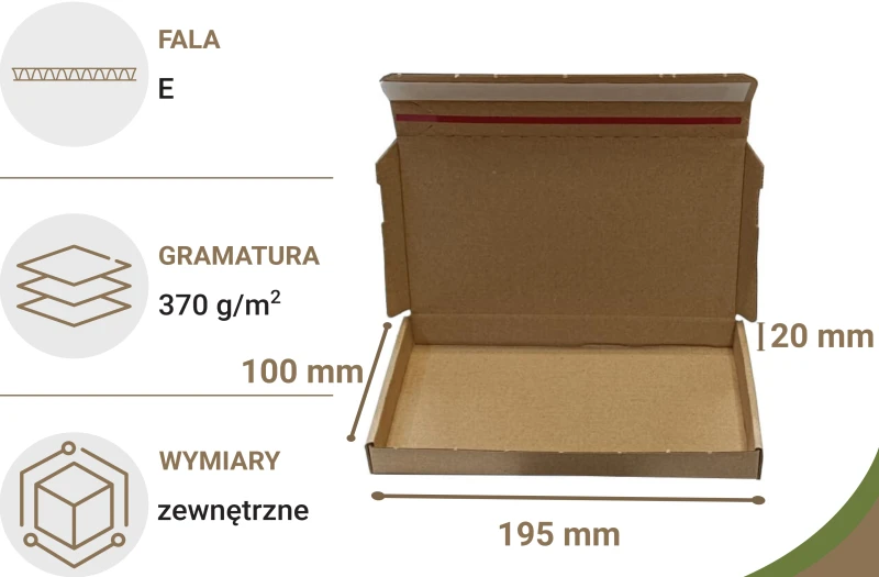 Karton fasonowy 195x100x20 mm z paskiem klejowym HotMelt i zrywką, wykonany z 3-warstwowej tektury falistej. Estetyczne, białe tło podkreśla jego kompaktowy kształt i przeznaczenie do wysyłek e-commerce oraz paczkomatów.