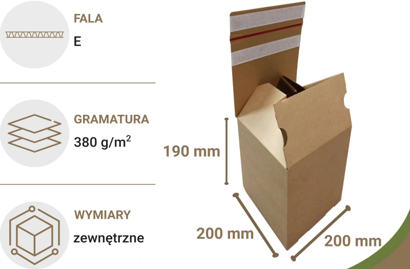 Karton z automatycznym dnem i dwoma paskami klejącymi o wymiarach 200x200x190mm. Karton wykonany jest z szarej, 3-warstwowej tektury falistej.  Widoczne są również dwa paski klejowe na klapie górnej oraz zrywka.