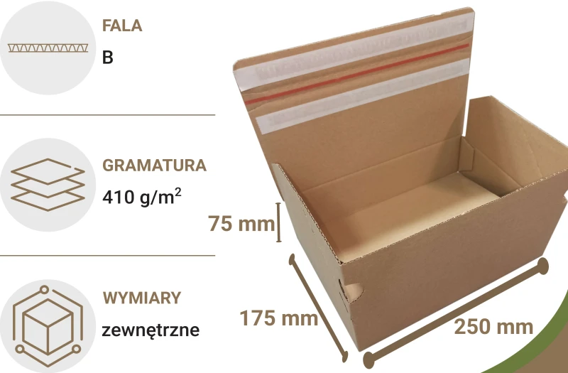 Karton o wymiarach 250x175x75mm, wykonany z szarej tektury falistej (fala B, gramatura 385 g/m²), Karton posiada automatyczne dno a na górnej klapie dwa paski hot-melt i zrywkę. Zdjęcie prezentuje nowoczesną konstrukcję.