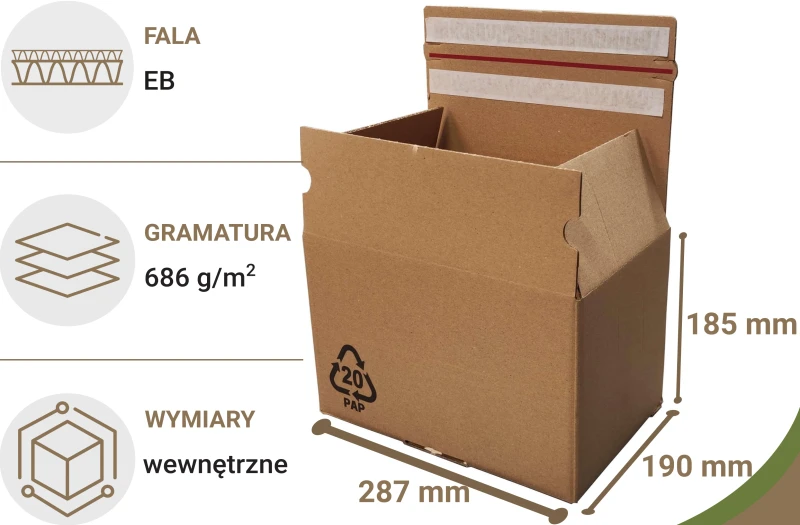 Karton e-commerce o wymiarach 295x197x200mm wykonane z szarej pięciowarstwowej tektury falistej (fala EB, gramatura 686 g/m²). Posiada automatyczne dno, na górnej klapie są dwa paski klejowe i zrywkę. W lewym dolnym rogu jest nadruk symbolu PAP20.