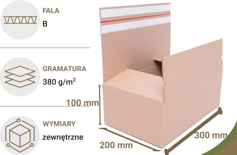 Karton o wymiarach 300x200x100mm. Opakowanie wykonane z trójwarstwowej tektury falistej o fali B i gramaturze 380 g/m² w szarym kolorze. Opakowanie posiada dwa paski klejowe i zrywkę oraz automatyczne, pełne dno.