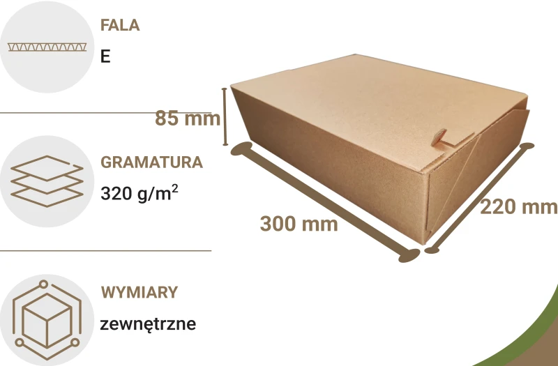 Pudełko o wymiarach 300x220x85mm. Karton wykonany jest z 3-warstwowej, szarej tektury falistej (fala E). Opakowanie posiada dwa paski klejowe oraz zrywkę. Nowoczesna konstrukcja zapewnia szybkie pakowanie.
