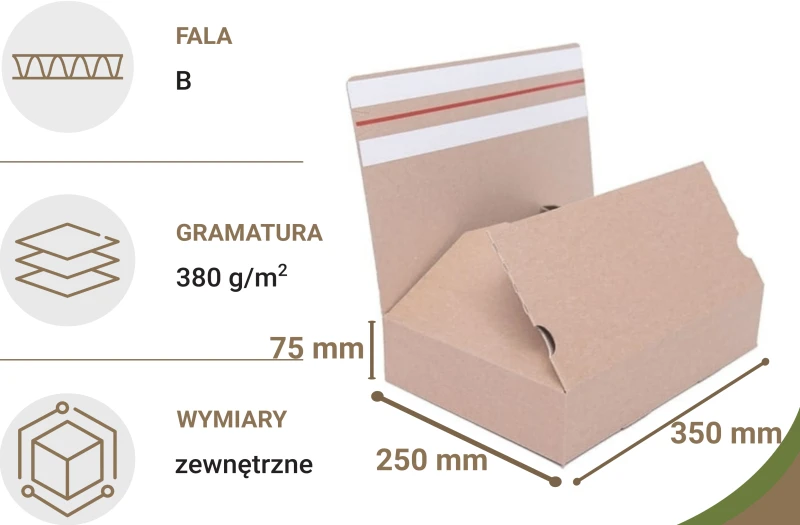 Karton o wymiarach 350x250x75mm wykonany z 3-warstwowej szarej tektury. Opakowanie posiada automatyczne dno oraz dwa paski klejowe i zrywkę.