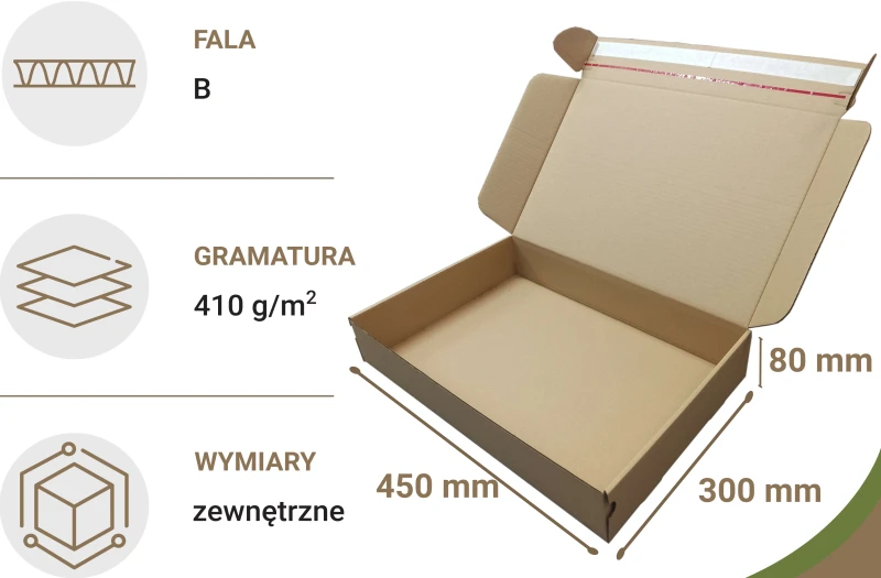 Szary karton fasonowy o wymiarach 450x300x80mm. Wykonane z wytrzymałej 3-warstwowej tektury z fali B. Opakowanie posiada pasek klejowy hot-melt, zrywkę i konstrukcję łatwą do złożenia.