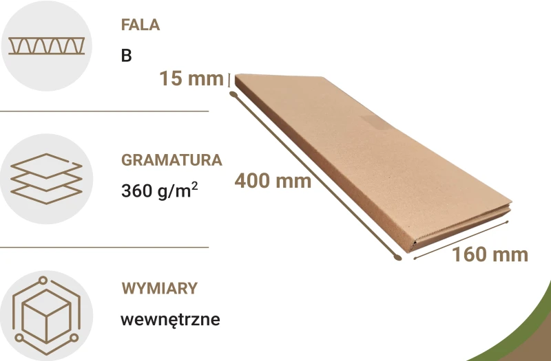 Tekturowa owijka o wymiarach 400x160x15 mm, wykonana z 3-warstwowej tektury falistej typu B o gramaturze 360 g/m². Opakowanie fasonowe typu rollbox (standard F401) łatwe do złożenia i zapewnia solidną ochronę przesyłek.