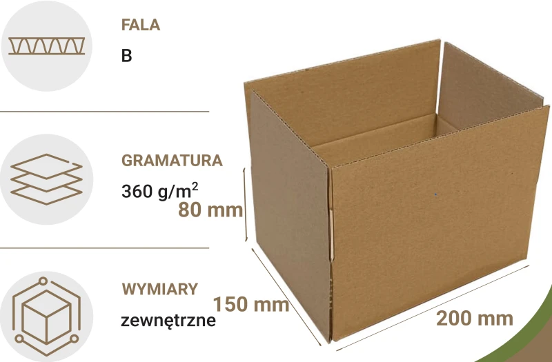Szare, kartonowe pudełko o wymiarach zewnętrznych 200x150x80 mm, wyposażone w praktyczne, automatyczne dno. Wykonane z 3-warstwowej tektury. Pudełko zapewnia estetyczne i szybkie pakowanie.