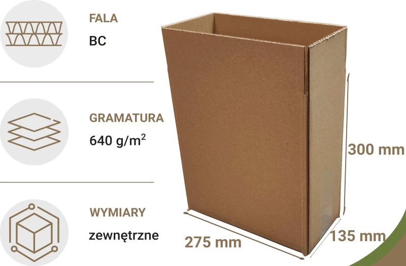 Wytrzymały szary karton klapowy o wymiarach 275x135x300mm, wykonany z 5-warstwowej tektury falistej (fala BC) o gramaturze 640 g/m².