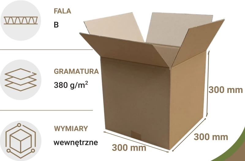 Szary karton klapowy o wymiarach zewnętrznych 306x306x309 mm, wykonany z 3-warstwowej tektury falistej (fala B) o gramaturze 380 g/m². Konstrukcja F201 umożliwia łatwe składanie, a trwała tektura zapewnia skuteczną ochronę zawartości.
