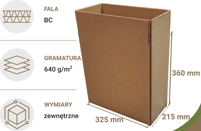Szary karton klapowy o wymiarach 325x215x360mm, wykonany z 5-warstwowej tektury falistej (fala BC) o gramaturze 640 g/m². Dzięki solidnej konstrukcji F201 doskonale sprawdzi się do transportu i przechowywania cięższych lub bardziej wymagających produktów.