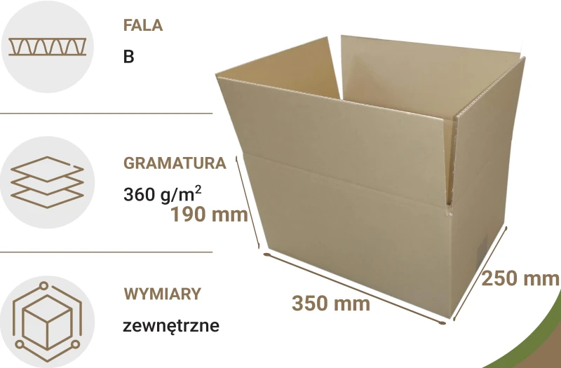 Szary karton klapowy o wymiarach 350x250x190mm, wykonany z 3-warstwowej tektury (fala B) o gramaturze 360 g/m². Konstrukcja F201 zapewnia łatwe składanie.